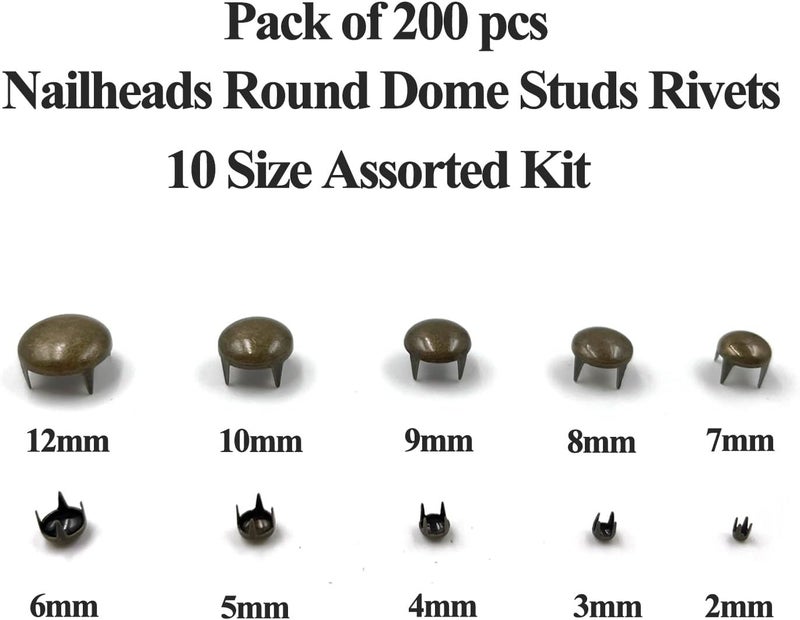 honigo 200pcs Nailheads Dome Studs Rivets Bronze Metal Solid Brass 2/3/4/5/6/7/8/9/10/12mm 4 Prongs Spikes Spots for Leather Craft Clothes Belt Bag Shoes Decorations Totes DIY Craft - Image 2